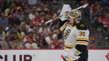 Apr 28, 2023; Sunrise, Florida, USA; Boston Bruins goaltender Linus Ullmark (35) during a break in the second period against the Florida Panthers in game six of the first round of the 2023 Stanley Cup Playoffs at FLA Live Arena. Mandatory Credit: Jim Rassol-USA TODAY Sports