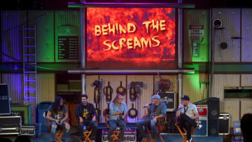 UNIVERSAL CITY, CALIFORNIA - SEPTEMBER 12: (L-R) Slash, Eli Roth, Greg Nicotero, George Williams, and Universal Studios Hollywood Halloween Horror Nights Creative Director John Murdy speak during Halloween Horror Nights at Universal Studios Hollywood on September 12, 2019 in Universal City, California. (Photo by Joshua Blanchard/Getty Images for Universal Studios Hollywood)