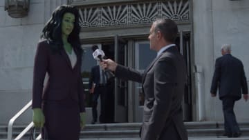 (Left): Tatiana Maslany as Jennifer "Jen" Walters/She-Hulk in Marvel Studios' She-Hulk: Attorney at Law, exclusively on Disney+. Photo courtesy of Marvel Studios. © 2022 MARVEL.