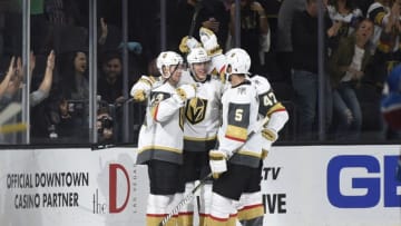 LAS VEGAS, NV - OCTOBER 27: (L-R) Oscar Lindberg #24, Tomas Nosek #92, Deryk Engelland #5 and Luca Sbisa #47 of the Vegas Golden Knights celebrate after scoring a goal against the Colorado Avalanche during the game at T-Mobile Arena on October 27, 2017 in Las Vegas, Nevada. (Photo by David Becker/NHLI via Getty Images)