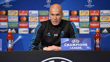 PARIS, FRANCE - MARCH 05: Real Madrid Head Coach Zinedine Zidane answers questions during a press conference ahead of the Champion's League match against Paris Saint-Germain at Parc des Princes on March 5, 2018 in Paris, France. (Photo by Aurelien Meunier/Getty Images)