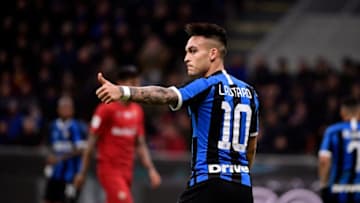 MILAN, ITALY - JANUARY 29: Lautaro Martinez of Inter during the Italian Coppa Italia match between Internazionale v Fiorentina at the San Siro on January 29, 2020 in Milan Italy (Photo by Mattia Ozbot/Soccrates/Getty Images)