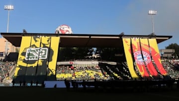 Aug 6, 2014; Portland, OR, USA; A general view of team banners unfurled over the grandstand before the 2014 MLS All Star Game at Providence Park. Mandatory Credit: Jaime Valdez-USA TODAY Sports