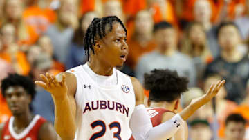 AUBURN, ALABAMA - FEBRUARY 12: Isaac Okoro #23 of the Auburn Tigers reacts in the first half against the Alabama Crimson Tide at Auburn Arena on February 12, 2020 in Auburn, Alabama. (Photo by Kevin C. Cox/Getty Images)