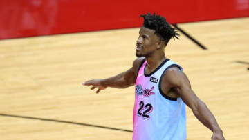 HOUSTON, TEXAS - FEBRUARY 11: Jimmy Butler #22 of the Miami Heat in action against the Houston Rockets during a game at the Toyota Center on February 11, 2021 in Houston, Texas. NOTE TO USER: User expressly acknowledges and agrees that, by downloading and or using this photograph, User is consenting to the terms and conditions of the Getty Images License Agreement. (Photo by Carmen Mandato/Getty Images)