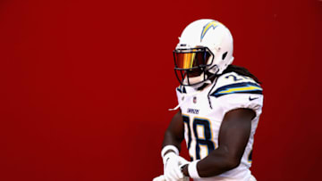SANTA CLARA, CA - AUGUST 30: Melvin Gordon #28 of the Los Angeles Chargers takes the field for warm ups before their preseason game against the San Francisco 49ers at Levi's Stadium on August 30, 2018 in Santa Clara, California. (Photo by Ezra Shaw/Getty Images)