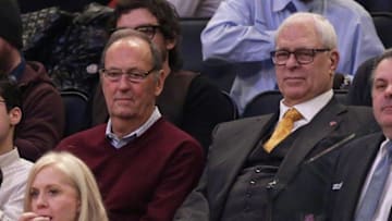 Feb 26, 2016; New York, NY, USA; New York Knicks general manager Phil Jackson looks on with former New York Knick Bill Bradley, left, during the second half against the Orlando Magic at Madison Square Garden. The Knicks defeated the Magic 108-95. Mandatory Credit: Adam Hunger-USA TODAY Sports