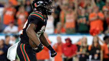 MIAMI GARDENS, FL - NOVEMBER 04: Ahmmon Richards #82 of the Miami Hurricanes celebrates a catch during a game against the Virginia Tech Hokies at Hard Rock Stadium on November 4, 2017 in Miami Gardens, Florida. (Photo by Mike Ehrmann/Getty Images)
