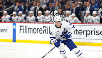 Oct 22, 2022; Winnipeg, Manitoba, CAN; Toronto Maple Leafs right wing Mitchell Marner (16) skates up the ice in the first period against the Winnipeg Jets at Canada Life Centre. Mandatory Credit: James Carey Lauder-USA TODAY Sports
