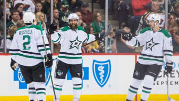 Apr 20, 2016; Saint Paul, MN, USA; Dallas Stars forward Patrick Eaves (18) celebrates with teammates after scoring a goal in the second period against the Minnesota Wild in game four of the first round of the 2016 Stanley Cup Playoffs at Xcel Energy Center. Mandatory Credit: Brad Rempel-USA TODAY Sports