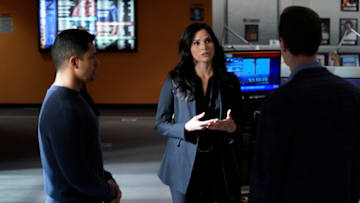 “Rule 91” – While pursuing a dangerous arms dealer, the team is shocked when Bishop is implicated in an old NSA leak. Also, Gibbs and Marcie (Pam Dawber) realize that the killer they’ve been tracking may be onto them, on the 18th season finale of NCIS, Tuesday, May 25 (8:00-9:00 PM, ET/PT), on the CBS Television Network. Pictured: Wilmer Valderrama as NCIS Special Agent Nicholas “Nick” Torres, Katrina Law as NCIS REACT Special Agent Jessica Knight, Sean Murray as NCIS Special Agent Timothy McGee. 108965_D0549bb. Photo: Cliff Lipson/CBS ©2021 CBS Broadcasting, Inc. All Rights Reserved.