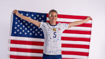 CARSON, CA - JUNE 27: Kelley OHara of the United States stands on set during a USWNT Press Conference and Media Day at Dignity Health Sports Park on June 27, 2023 in Carson, California. (Photo by Brad Smith/USSF/Getty Images for USSF).