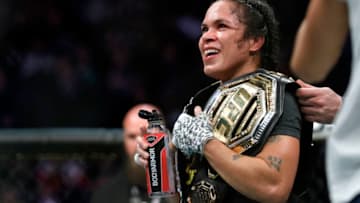 LAS VEGAS, NEVADA - DECEMBER 14: UFC women's bantamweight champion Amanda Nunes smiles after her unanimous-decision win over Germaine de Ranamie during UFC 245 at T-Mobile Arena on December 14, 2019 in Las Vegas, Nevada. (Photo by Steve Marcus/Getty Images)