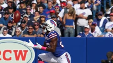 Oct 12, 2014; Orchard Park, NY, USA; Buffalo Bills running back C.J. Spiller (28) catches the ball on a kick off during the second half against the New England Patriots at Ralph Wilson Stadium. New England beats Buffalo 37 to 22. Mandatory Credit: Timothy T. Ludwig-USA TODAY Sports