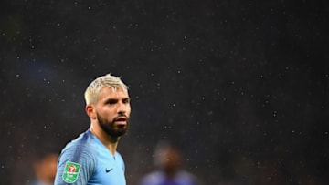LEICESTER, ENGLAND - DECEMBER 18: Sergio Aguero of Manchester City in action during the Carabao Cup Quarter Final match between Leicester City and Manchester City at The King Power Stadium on December 18, 2018 in Leicester, United Kingdom. (Photo by Clive Mason/Getty Images)