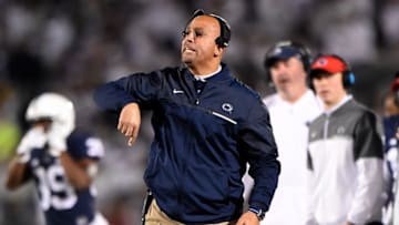 Nov 5, 2016; University Park, PA, USA; Penn State Nittany Lions head coach James Franklin reacts to a play against the Iowa Hawkeyes during the fourth quarter at Beaver Stadium. Penn State defeated Iowa 41-14. Mandatory Credit: Rich Barnes-USA TODAY Sports