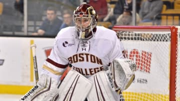 BOSTON, MA - FEBRUARY 05: Boston College Eagles goaltender Joseph Woll (31) keeps a close eye on the puck. During the Boston College Eagles game against the Northeastern Huskies at TD Garden on February 5, 2018 in Boston, MA (Photo by Michael Tureski/Icon Sportswire via Getty Images)
