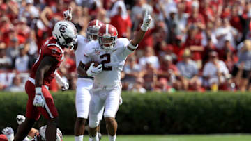 COLUMBIA, SOUTH CAROLINA - SEPTEMBER 14: Patrick Surtain II #2 of the Alabama Crimson Tide reacts after a play against the South Carolina Gamecocks during their game at Williams-Brice Stadium on September 14, 2019 in Columbia, South Carolina. (Photo by Streeter Lecka/Getty Images)