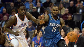 Jan 15, 2016; Oklahoma City, OK, USA; Minnesota Timberwolves forward Shabazz Muhammad (15) drives to the basket against Oklahoma City Thunder guard Anthony Morrow (2) during the second quarter at Chesapeake Energy Arena. Mandatory Credit: Mark D. Smith-USA TODAY Sports