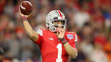 GLENDALE, ARIZONA - DECEMBER 28: Justin Fields #1 of the Ohio State Buckeyes attempts a pass against the Clemson Tigers in the second half during the College Football Playoff Semifinal at the PlayStation Fiesta Bowl at State Farm Stadium on December 28, 2019 in Glendale, Arizona. (Photo by Christian Petersen/Getty Images)