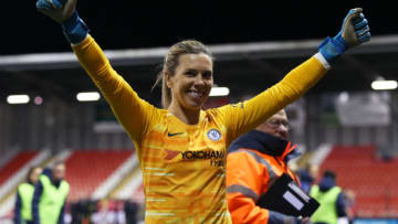 LEIGH, ENGLAND - JANUARY 29: Goalkeeper Carly Telford of Chelsea FC celebrates Chelsea's victory during the FA Women's Continental League Cup Semi-Final match between Manchester United Women and Chelsea FC Women at Leigh Sports Village on January 29, 2020 in Leigh, England. (Photo by Charlotte Tattersall/Getty Images)