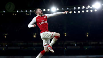 LONDON, ENGLAND - FEBRUARY 03: Aaron Ramsey of Arsenal celebrates after scoring his sides fifth goal during the Premier League match between Arsenal and Everton at Emirates Stadium on February 3, 2018 in London, England. (Photo by Catherine Ivill/Getty Images)