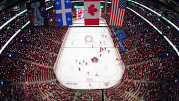 MONTREAL, QUEBEC - JULY 05: The Montreal Canadiens celebrate their 3-2 win during the first overtime period against the Tampa Bay Lightning in Game Four of the 2021 NHL Stanley Cup Final at the Bell Centre on July 05, 2021 in Montreal, Quebec, Canada. (Photo by Andre Ringuette/Getty Images)