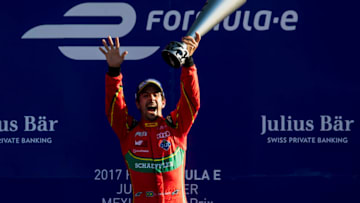 MEXICO CITY, MEXICO - APRIL 1: In this handout image supplied by Formula E, Lucas Di Grassi (BRA), ABT Schaeffler Audi Sport, Spark-Abt Sportsline, ABT Schaeffler FE02 celebrates during the FIA Formula E Championship Mexico City ePrix on April 1, 2017 in Mexico City, Mexico. (Photo by LAT Images / Formula E via Getty Images)