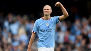 MANCHESTER, ENGLAND - OCTOBER 02: Erling Haaland of Manchester City celebrates following the Premier League match between Manchester City and Manchester United at Etihad Stadium on October 02, 2022 in Manchester, England. (Photo by Michael Regan/Getty Images)