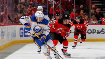 NEWARK, NEW JERSEY - OCTOBER 23: Anders Bjork #96 of the Buffalo Sabres in action against the New Jersey Devils at Prudential Center on October 23, 2021 in Newark, New Jersey. The Devils defeated the Sabres 2-1 in overtime. (Photo by Jim McIsaac/Getty Images)