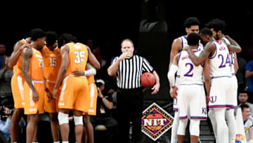NEW YORK, NEW YORK - NOVEMBER 23: The Tennessee Volunteers and the Kansas Jayhawks huddle during the second half of the game at the NIT Season Tip-Off Tournament at Barclays Center on November 23, 2018 in the Brooklyn borough of New York City. (Photo by Sarah Stier/Getty Images)