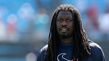 CHARLOTTE, NC - SEPTEMBER 20: Jadeveon Clowney #90 of the Houston Texans watches on before their game against the Carolina Panthers at Bank of America Stadium on September 20, 2015 in Charlotte, North Carolina. (Photo by Streeter Lecka/Getty Images)