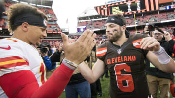 Nov 4, 2018; Cleveland, OH, USA; Kansas City Chiefs quarterback Patrick Mahomes (15) and Cleveland Browns quarterback Baker Mayfield (6) shake hands after the game at FirstEnergy Stadium. Mandatory Credit: Ken Blaze-USA TODAY Sports