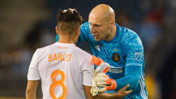 KANSAS CITY, KS - MAY 05: Atlanta United goalkeeper Brad Guzan (1) celebrates with Atlanta United midfielder Ezequiel Barco (8) after the match between Sporting Kansas City and Atlanta United FC on Sunday May 5, 2019 at Children's Mercy Park in Kansas City, KS (Photo by Nick Tre. Smith/Icon Sportswire via Getty Images)