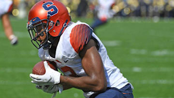 PITTSBURGH, PA - OCTOBER 06: Christopher Fredrick #3 of the Syracuse Orange intercepts a pass by Kenny Pickett #8 of the Pittsburgh Panthers in the end zone during the second quarter in the game at Heinz Field on October 6, 2018 in Pittsburgh, Pennsylvania. (Photo by Justin Berl/Getty Images)