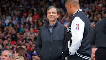 SACRAMENTO, CA - FEBRUARY 26: Owner Vivek Ranadive of the Sacramento Kings talks with Sacramento mayor Kevin Johnson during the game against the Los Angeles Clippers on February 26, 2016 at Sleep Train Arena in Sacramento, California. NOTE TO USER: User expressly acknowledges and agrees that, by downloading and or using this photograph, User is consenting to the terms and conditions of the Getty Images Agreement. Mandatory Copyright Notice: Copyright 2016 NBAE (Photo by Rocky Widner/NBAE via Getty Images)