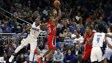 Nov 16, 2016; Orlando, FL, USA; New Orleans Pelicans guard Langston Galloway (10) shoots the ball over Orlando Magic forward Serge Ibaka (7) during the second half at Amway Center. The Magic won 89-82. Mandatory Credit: Kim Klement-USA TODAY Sports