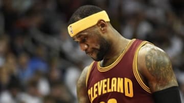 Mar 6, 2015; Atlanta, GA, USA; Cleveland Cavaliers forward LeBron James (23) reacts from the court against the Atlanta Hawks during the second half at Philips Arena. The Hawks won 106-97. Mandatory Credit: Dale Zanine-USA TODAY Sports