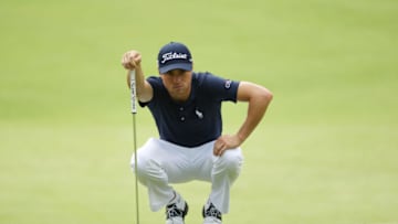 AUGUSTA, GEORGIA - NOVEMBER 15: Justin Thomas of the United States lines up a putt on the sixth green during the final round of the Masters at Augusta National Golf Club on November 15, 2020 in Augusta, Georgia. (Photo by Patrick Smith/Getty Images)