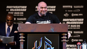 LAS VEGAS, NV - AUGUST 23: UFC President Dana White speaks to the media during a news conference at the KA Theatre at MGM Grand Hotel