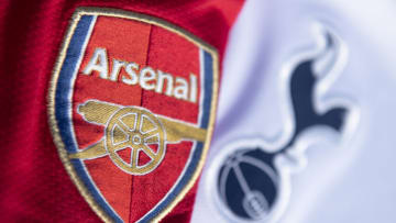 MANCHESTER, ENGLAND - MAY 13: The Arsenal and Tottenham Hotspur club crests on their first team home shirts on May 13, 2020 in Manchester, England. (Photo by Visionhaus)