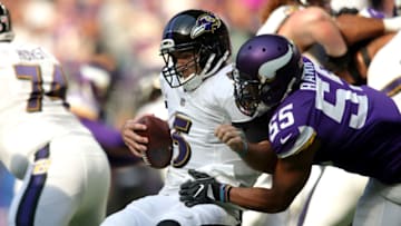 MINNEAPOLIS, MN - OCTOBER 22: Anthony Barr #55 of the Minnesota Vikings sacks Joe Flacco #5 of the Baltimore Ravens in the third quarter of the game on October 22, 2017 at U.S. Bank Stadium in Minneapolis, Minnesota. (Photo by Adam Bettcher/Getty Images)