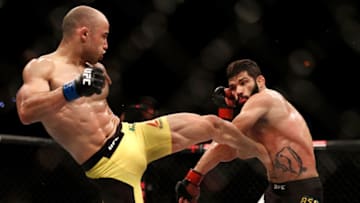 RIO DE JANEIRO, BRAZIL - JUNE 03: (L-R) Marlon Moraes kicks Raphael Assuncao of Brazil in their bantamweight bout during the UFC 212 event at Jeunesse Arena on June 3, 2017 in Rio de Janeiro, Brazil. (Photo by Buda Mendes/Zuffa LLC/Zuffa LLC via Getty Images)