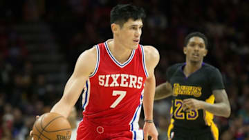 Dec 16, 2016; Philadelphia, PA, USA; Philadelphia 76ers forward Ersan Ilyasova (7) dribbles past Los Angeles Lakers guard Louis Williams (23) during the second half at Wells Fargo Center. The Los Angeles Lakers won 100-89. Mandatory Credit: Bill Streicher-USA TODAY Sports