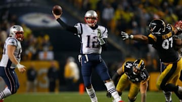 PITTSBURGH, PA - DECEMBER 17: Tom Brady #12 of the New England Patriots drops back to pass in the second half during the game against the Pittsburgh Steelers at Heinz Field on December 17, 2017 in Pittsburgh, Pennsylvania. (Photo by Justin K. Aller/Getty Images)
