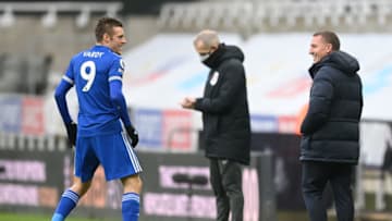 Jamie Vardy (l) of Leicester City with Brendan Rodgers (Photo by Michael Regan/Getty Images)