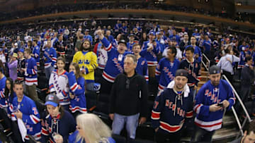 NEW YORK, NY - APRIL 21: New York Rangers fans watch the players take warmups prior to the game against the Pittsburgh Penguins in Game Four of the Eastern Conference First Round during the 2016 NHL Stanley Cup Playoffs at Madison Square Garden on April 21, 2016 in New York City. (Photo by Bruce Bennett/Getty Images)