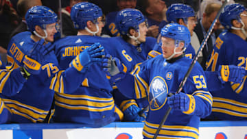 Dec 5, 2023; Buffalo, New York, USA; Buffalo Sabres left wing Jeff Skinner (53) celebrates his goal with teammates during the third period against the Detroit Red Wings at KeyBank Center. Mandatory Credit: Timothy T. Ludwig-USA TODAY Sports