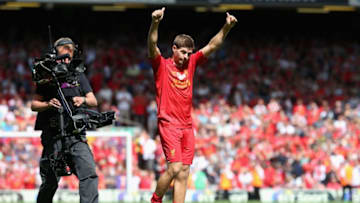LIVERPOOL, ENGLAND - AUGUST 03: Steven Gerrard of Liverpool applauds the fans at the Kop end after the Steven Gerrard Testimonial Match between Liverpool and Olympiacos at Anfield on August 03, 2013 in Liverpool, England. (Photo by Clive Brunskill/Getty Images)