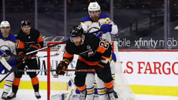 Apr 11, 2021; Philadelphia, Pennsylvania, USA; Buffalo Sabres defenceman Rasmus Ristolainen (55) hits Philadelphia Flyers left wing Claude Giroux (28) in the second period at Wells Fargo Center. Mandatory Credit: Kyle Ross-USA TODAY Sports